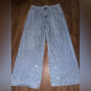 Rhinestone Light Blue Wide-Leg Jeans